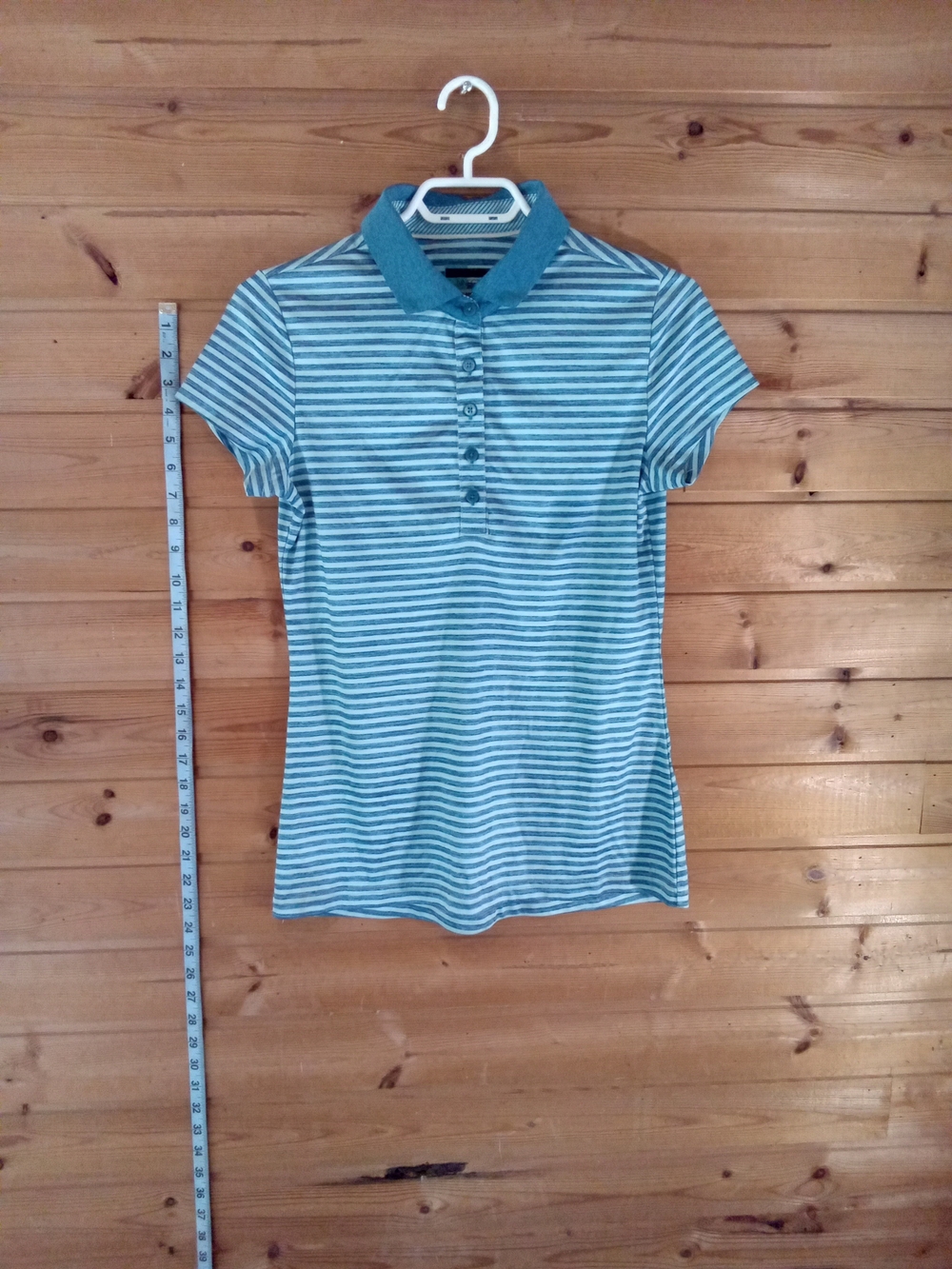 Women's Striped Short-Sleeve Polo Top in Teal and White